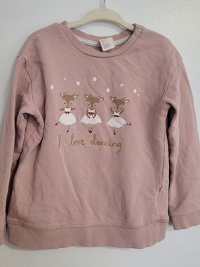 🧸2/20$ H&M Pink Girls Sweatshirt "I Love Dancing" Reindeer Print Size 3T